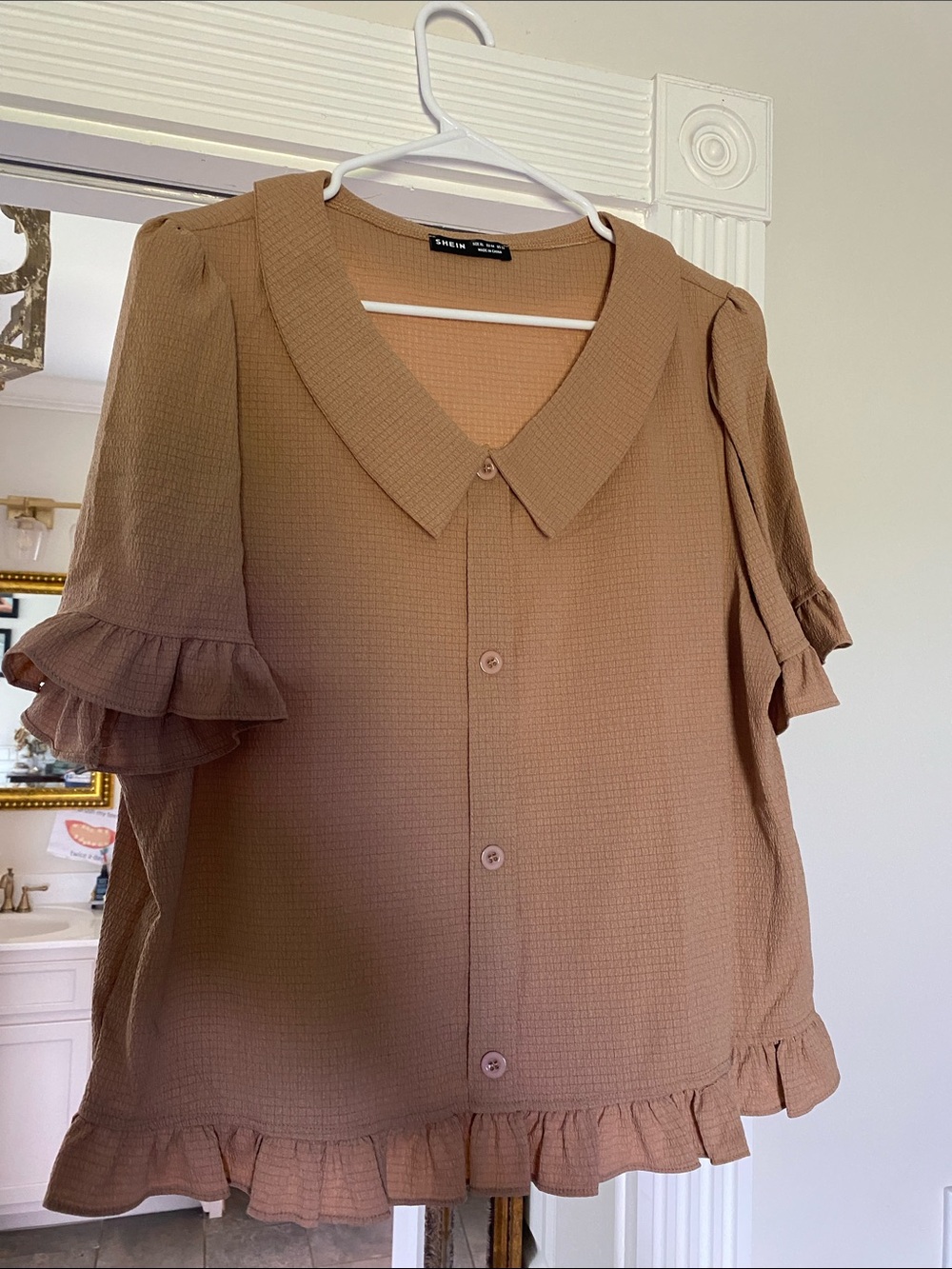 SHEIN Tan Ruffle-Trim Button Front Blouse